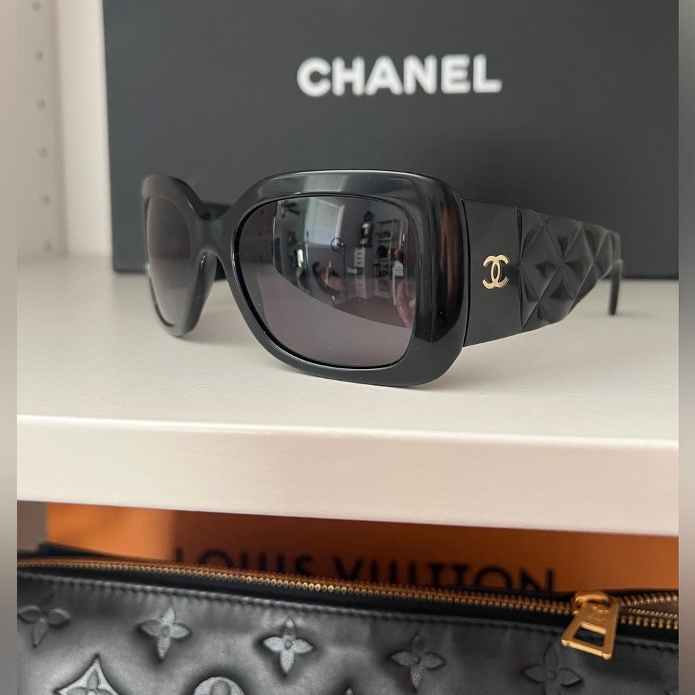 CHANEL Black Quilted Temple Rectangular Sunglasses - image 2